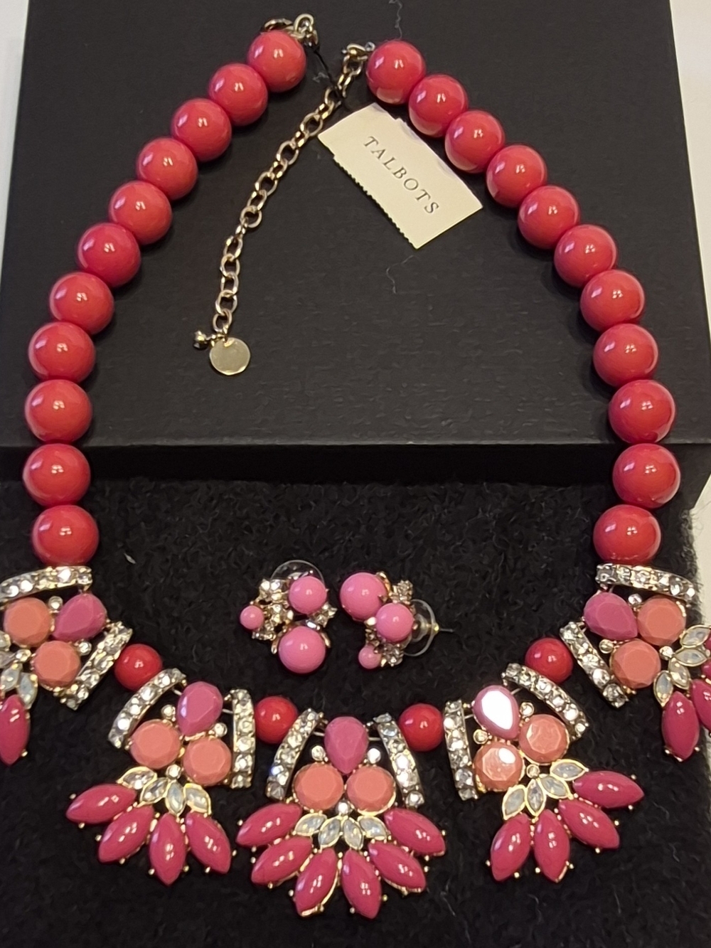 Talbots Pink Statement Necklace and Earring Set - Bright Pink Beaded Bib W/Box